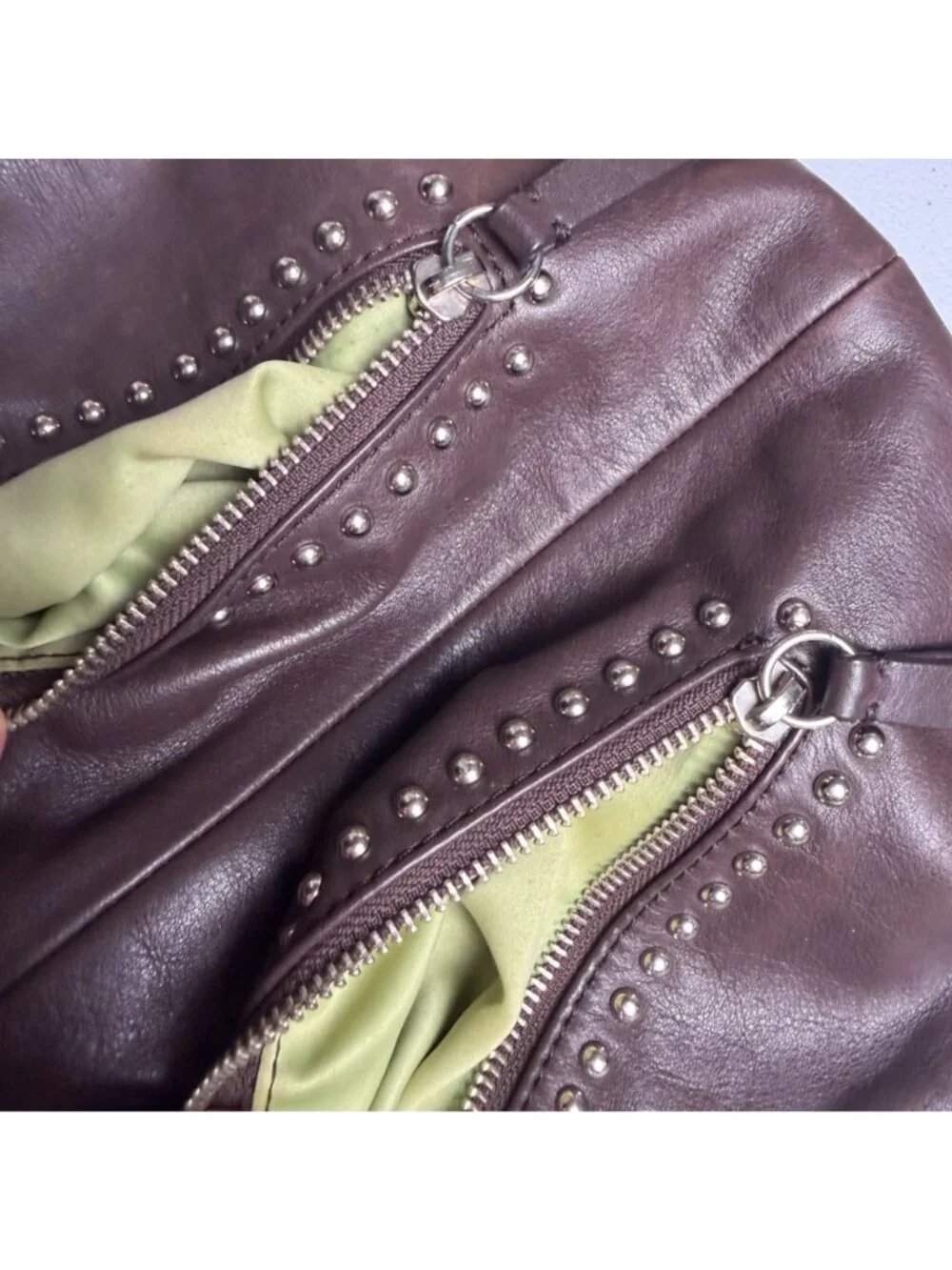 B. Makowsky Brown Leather Studded Crossbody Bag Zipper Accents Biker Boho